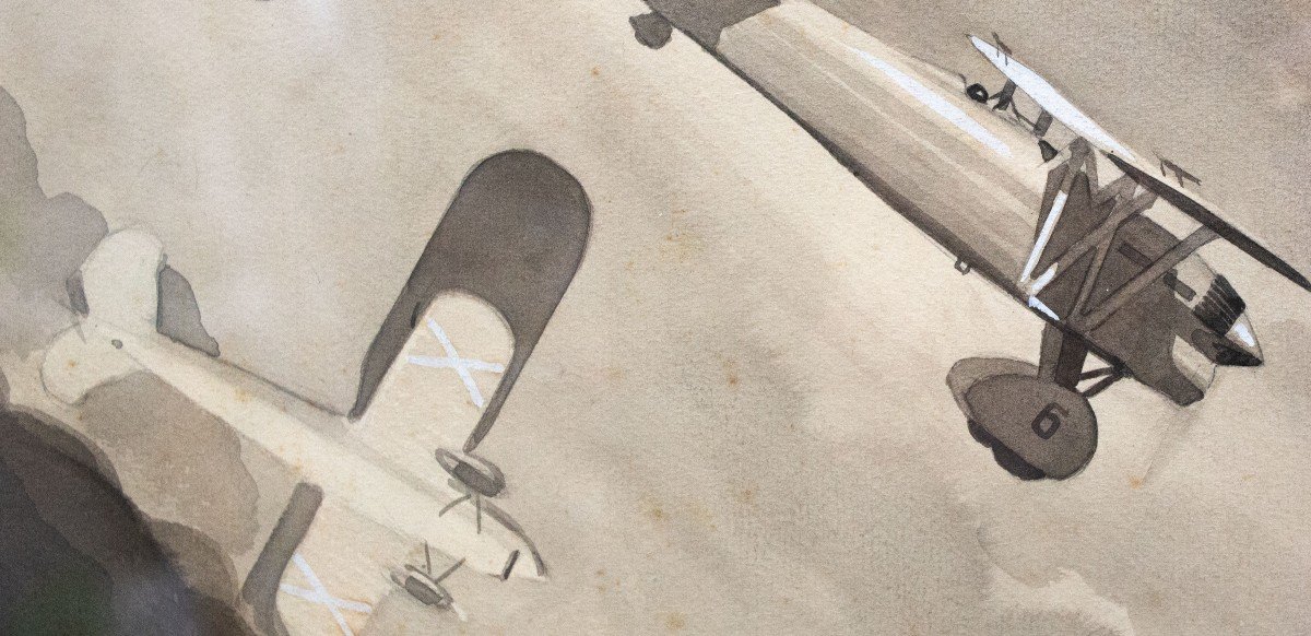 Technique mixte sur papier, par Luciano Bonacini, "Le bombardement", signé, années 1930/40-photo-1