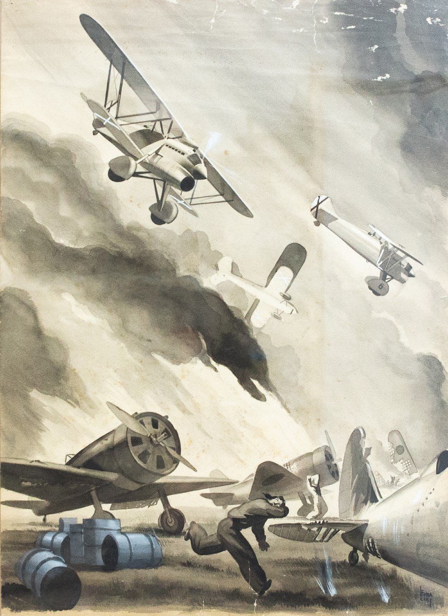 Technique mixte sur papier, par Luciano Bonacini, "Le bombardement", signé, années 1930/40