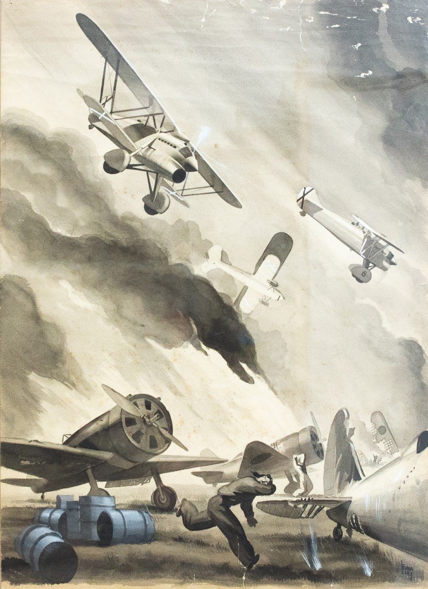 Mixed Media On Paper, By Luciano Bonacini, "the Bombardment," Signed, 1930s/'40s