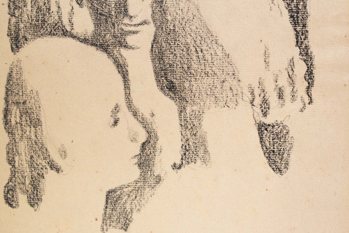 Dessin au fusain sur papier, "Trois sœurs", par Felice Casorati, signé, 1946-photo-3
