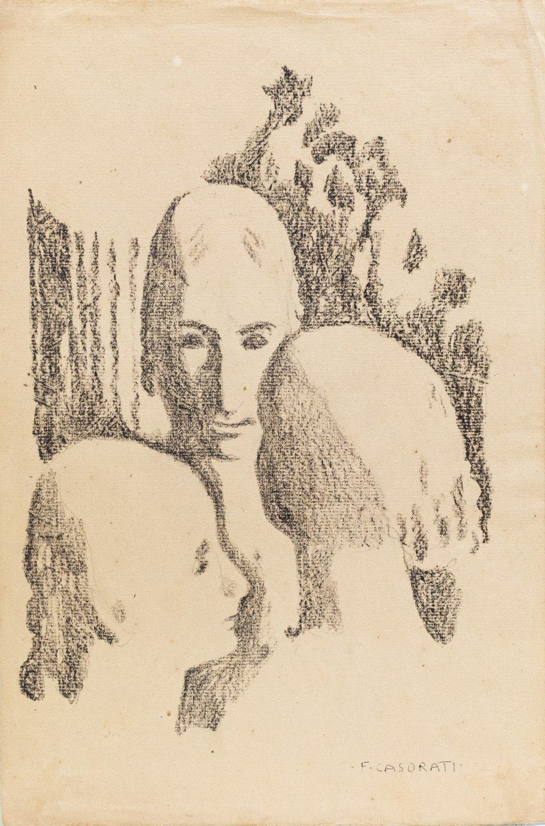 Dessin au fusain sur papier, "Trois sœurs", par Felice Casorati, signé, 1946