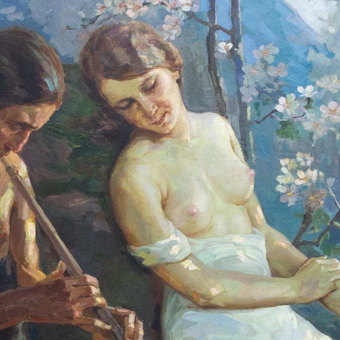Paire de grands tableaux, huile sur toile, de Gino Piccioni, "Au printemps", "Idylle", 1930-photo-1