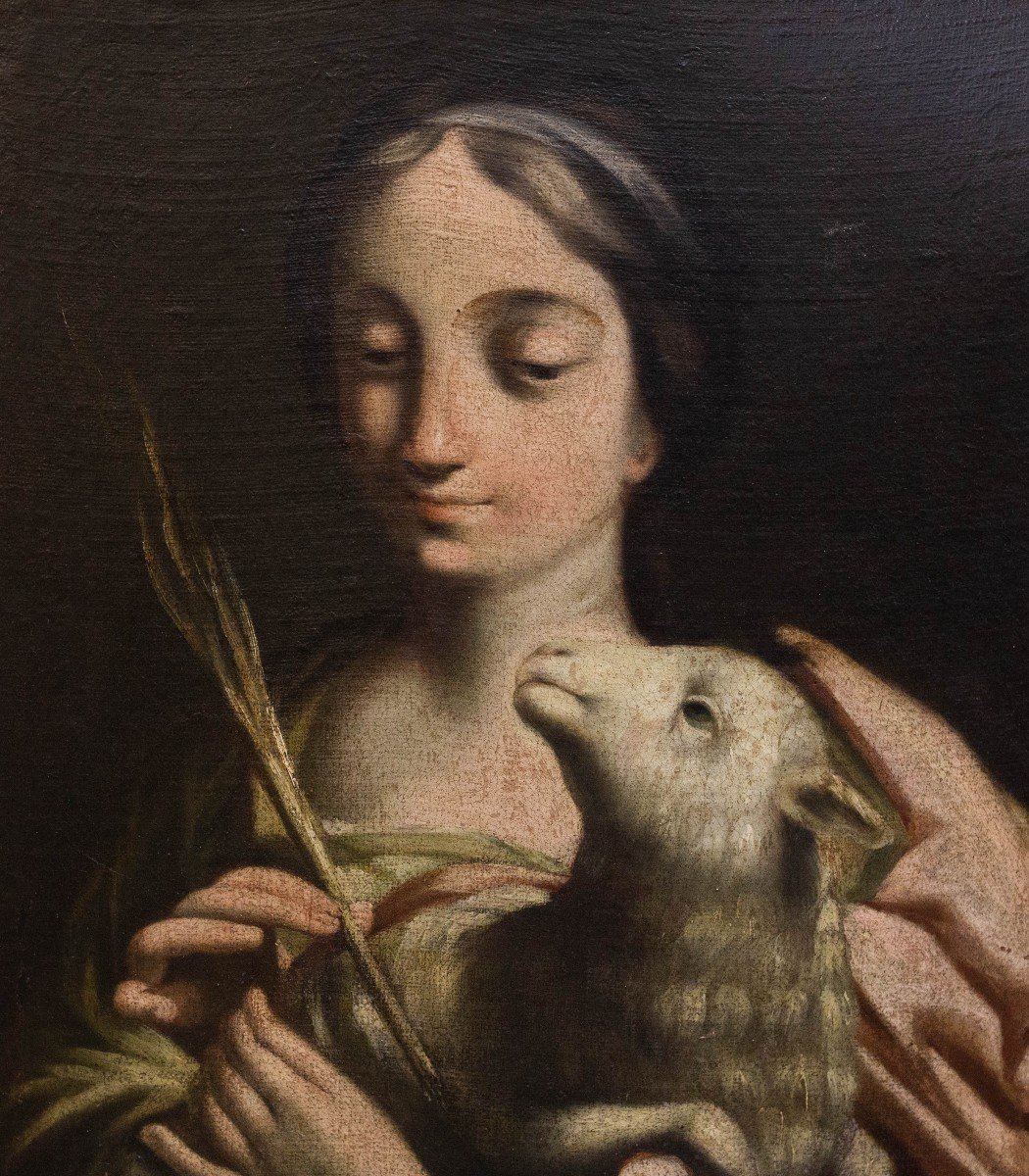 Oil On Canvas, "saint Agnes," 18th Century Era-photo-2