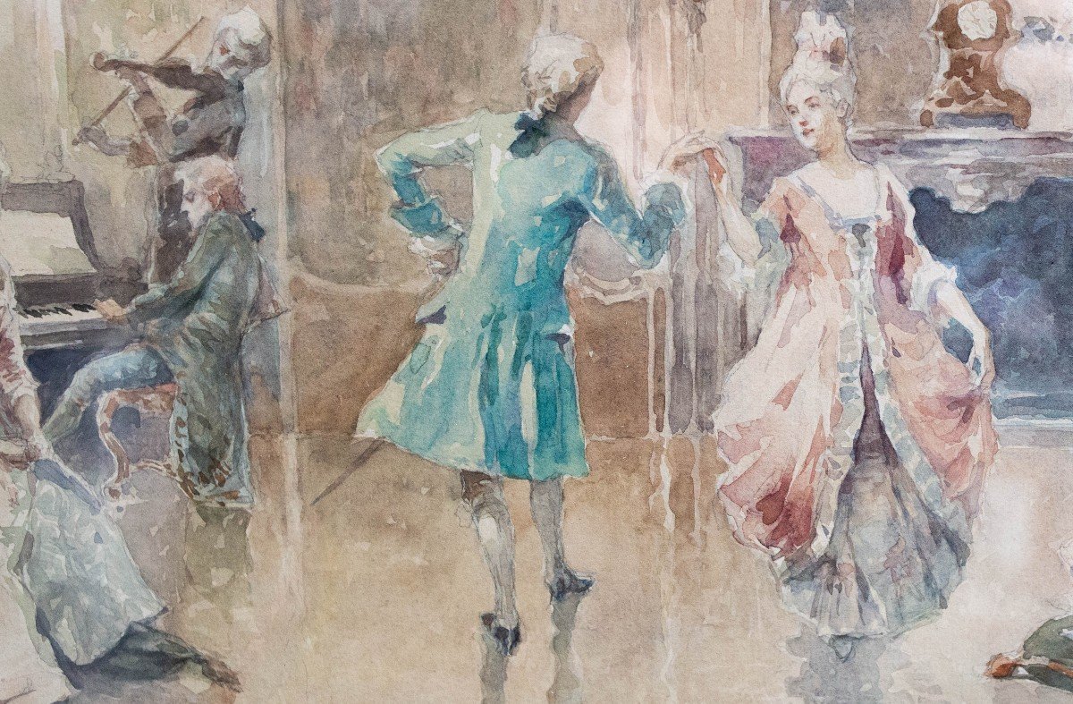 Aquarelle sur papier de G. Battista Carpanetto, "Danze Settecentesche", 1909, signée-photo-4