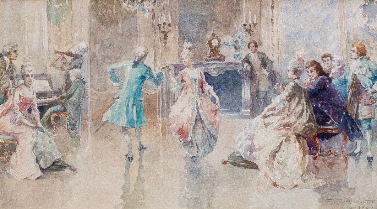 Aquarelle sur papier de G. Battista Carpanetto, "Danze Settecentesche", 1909, signée
