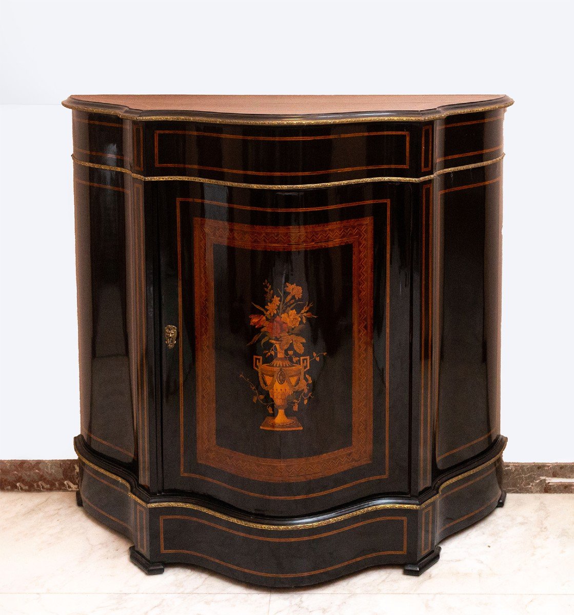 Boulle Style Sideboard, Black Lacquered With Decorative Inlays, 19th Century Era