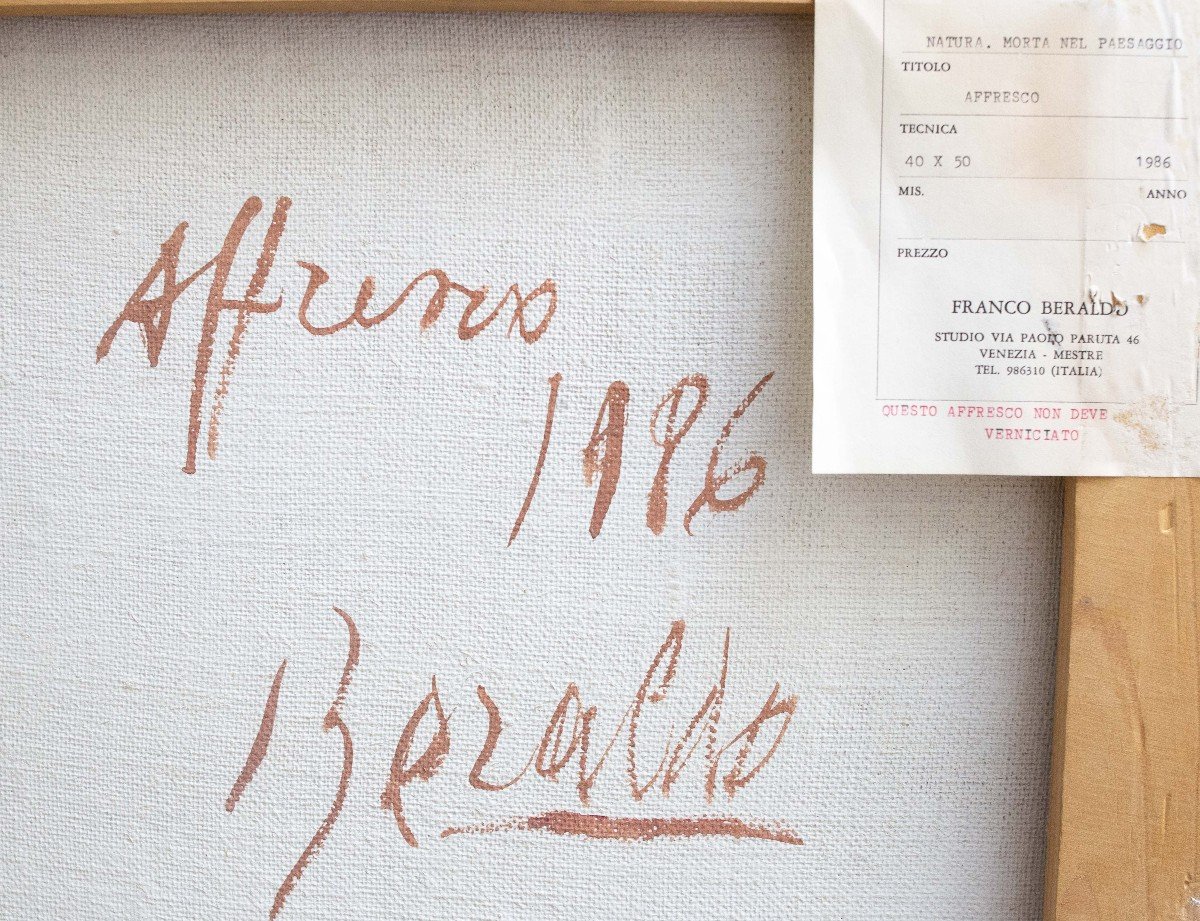 Fresco (oil) On Canvas, By Franco Beraldo, "still Life In Landscape," Signed, 1986-photo-3