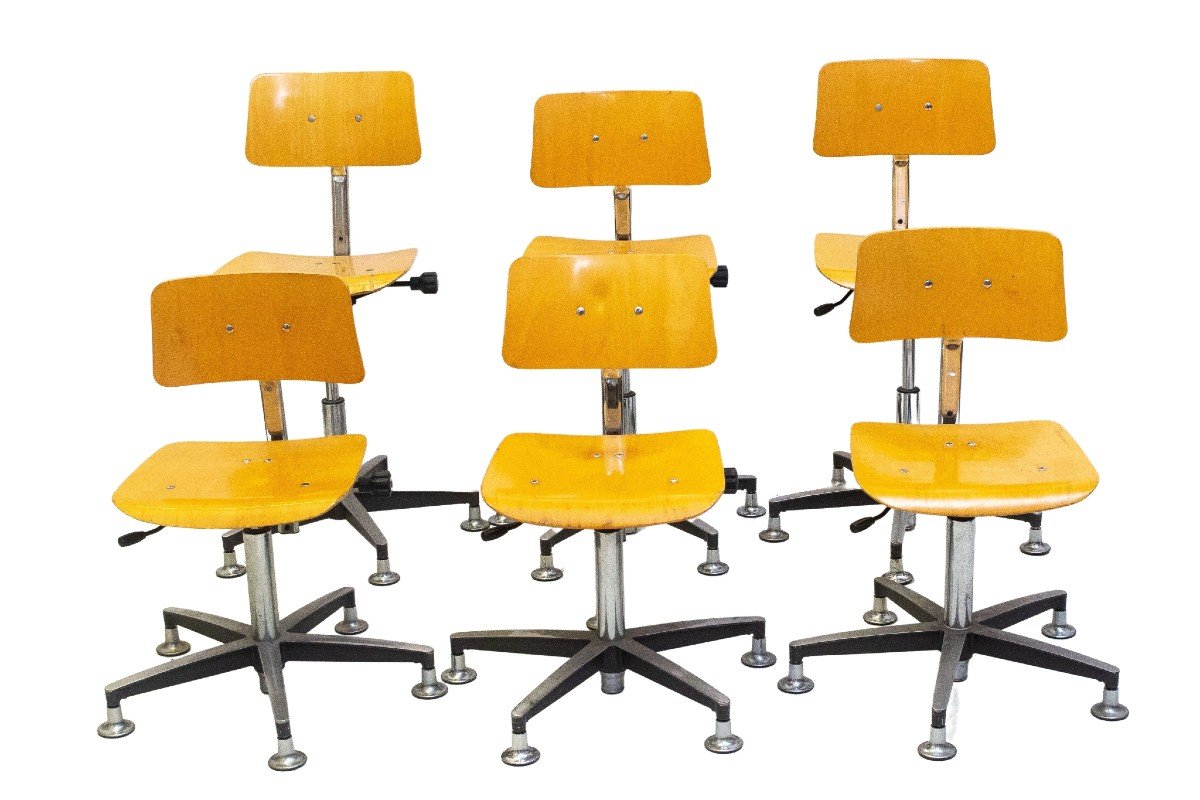 Set Of 6 Industrial Swivel Stools Vintage 1970s -photo-4