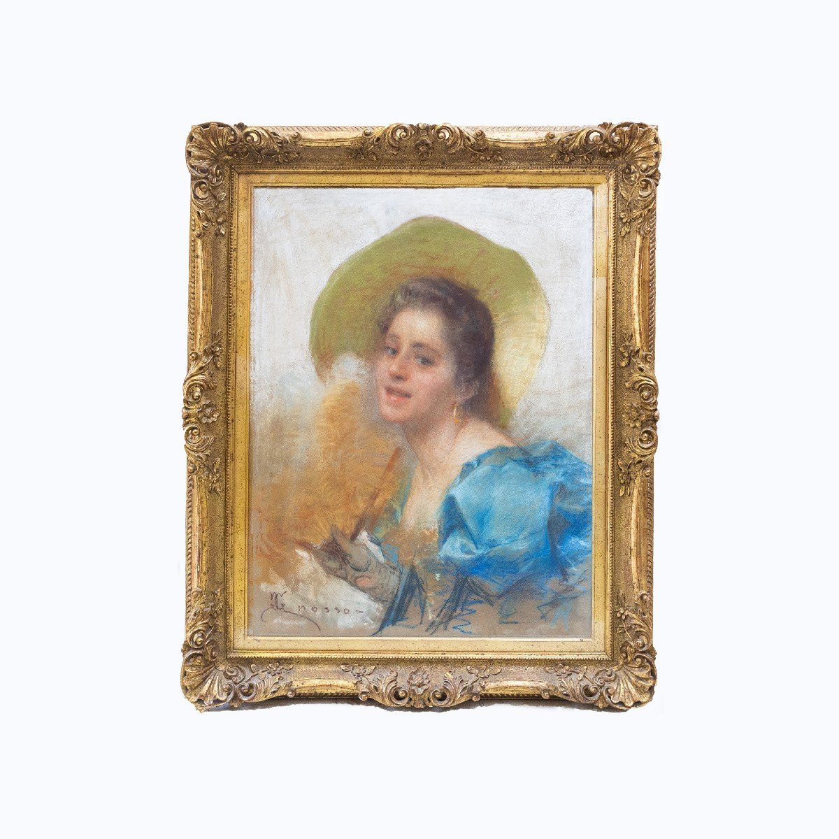 Pastel Sur Papier, Par Giacomo Grosso, 'portrait d'Une Jeune Fille', Fin 19e Siècle Début 20e -photo-2