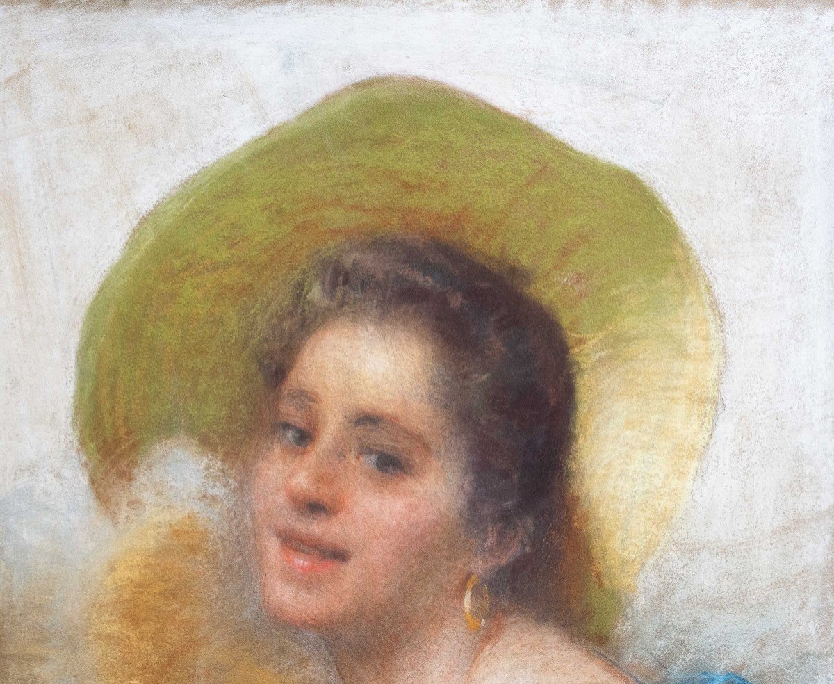 Pastel On Paper, By Giacomo Grosso, "portrait Of A Girl," Epoch Late 1800s Early 1900s-photo-3