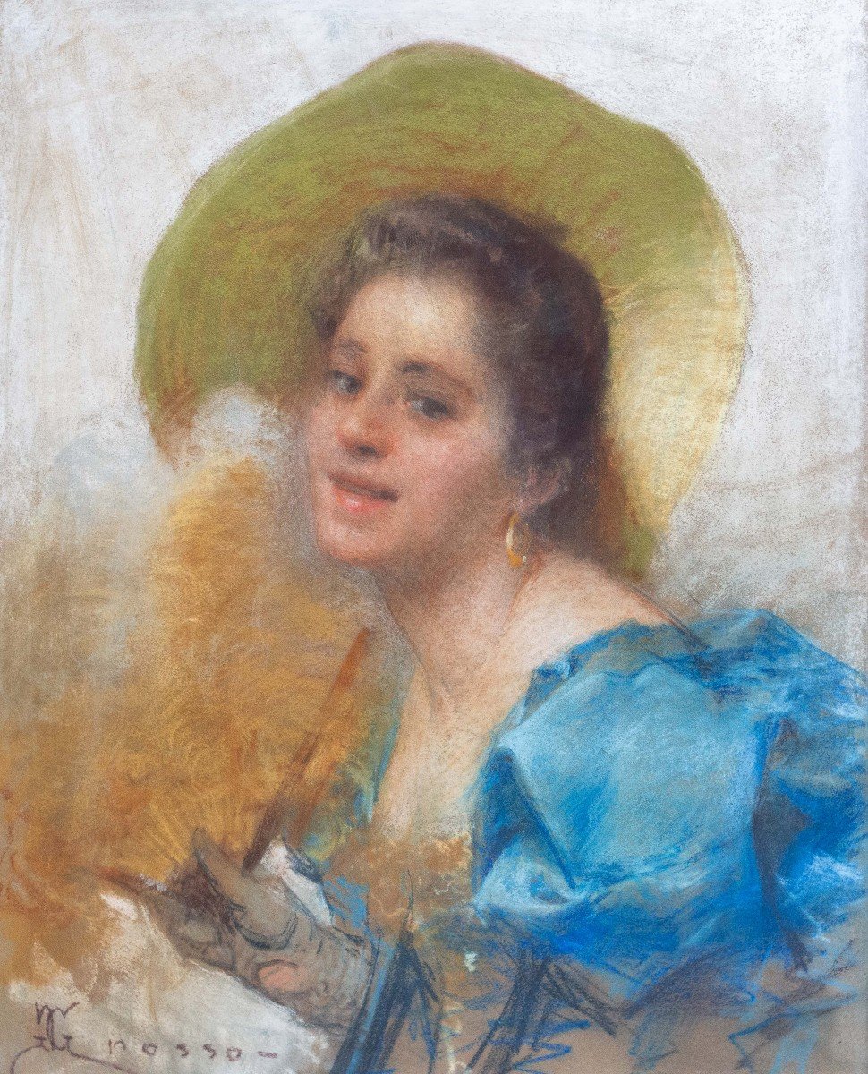 Pastel On Paper, By Giacomo Grosso, "portrait Of A Girl," Epoch Late 1800s Early 1900s