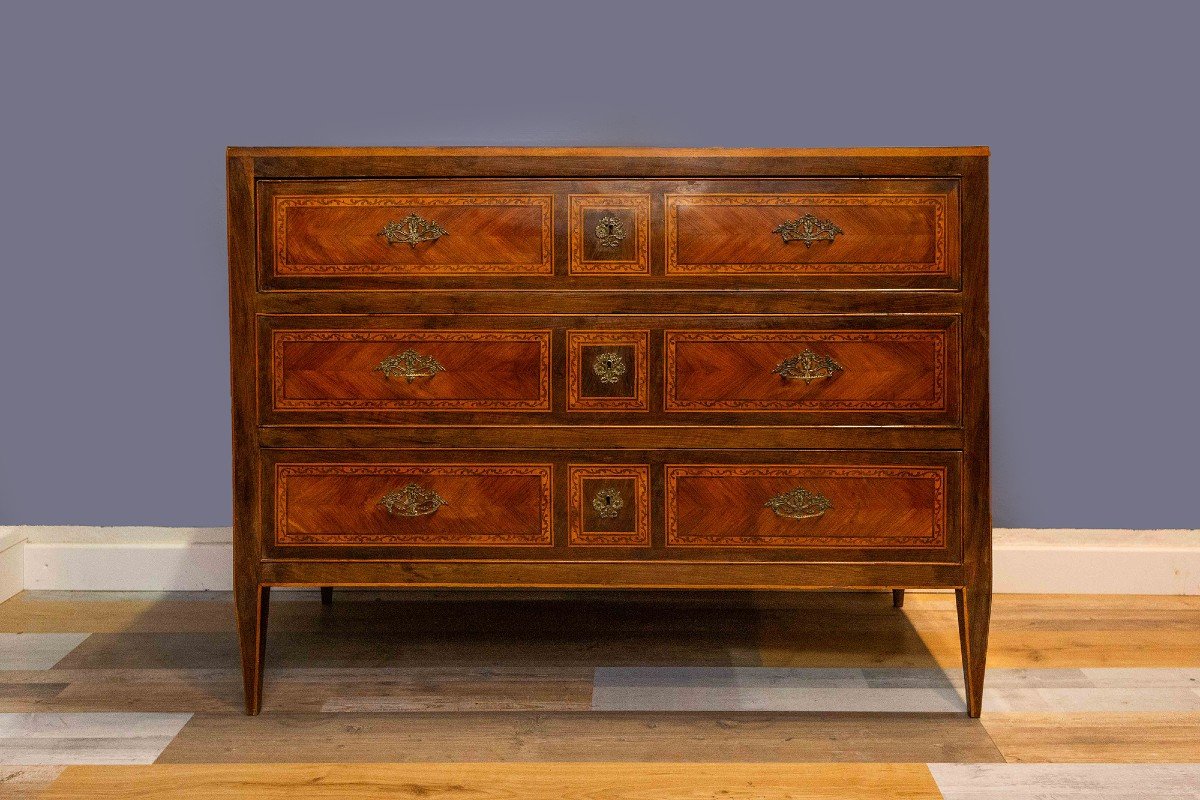 Walnut Chest Of Drawers With Inlays, Original Directorate, Late 1700s-photo-4