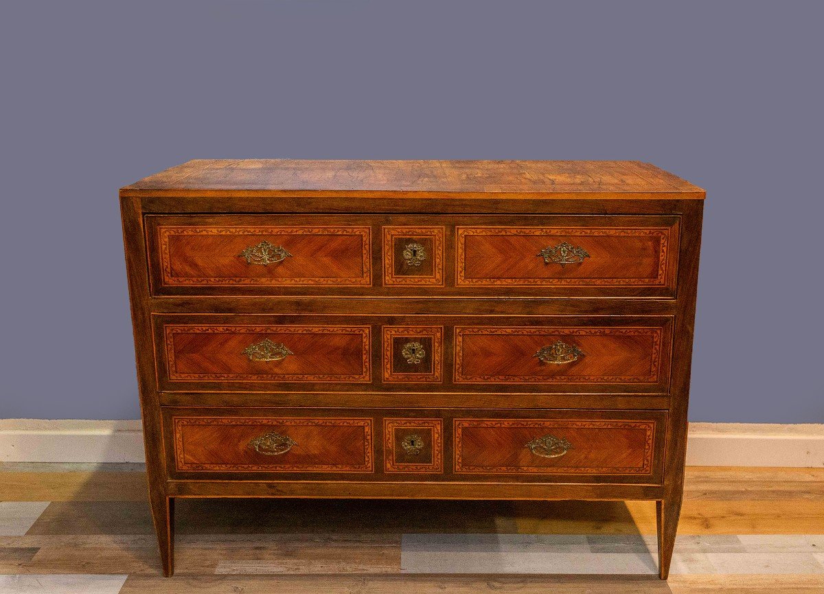 Walnut Chest Of Drawers With Inlays, Original Directorate, Late 1700s-photo-4