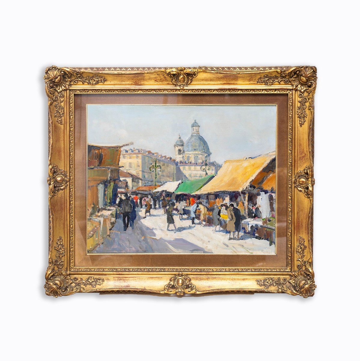Painting By Carlo Musso, "the Turin Market," Oil On Canvas, 1940s-photo-2