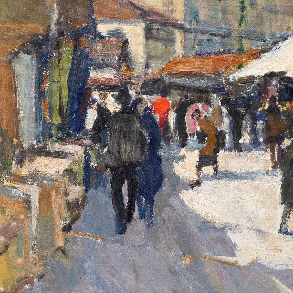 Painting By Carlo Musso, "the Turin Market," Oil On Canvas, 1940s-photo-4