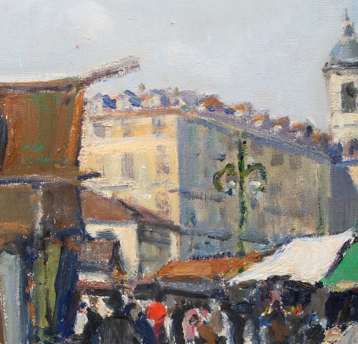 Painting By Carlo Musso, "the Turin Market," Oil On Canvas, 1940s-photo-2