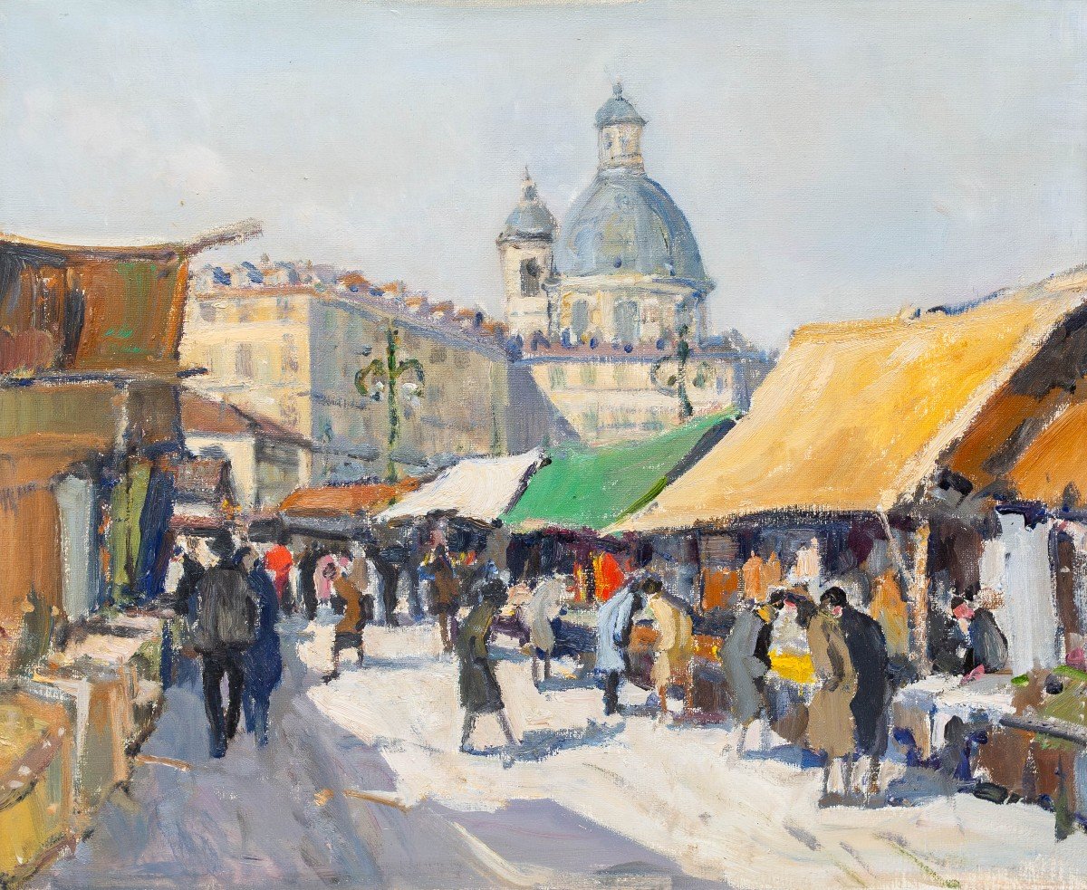 Painting By Carlo Musso, "the Turin Market," Oil On Canvas, 1940s