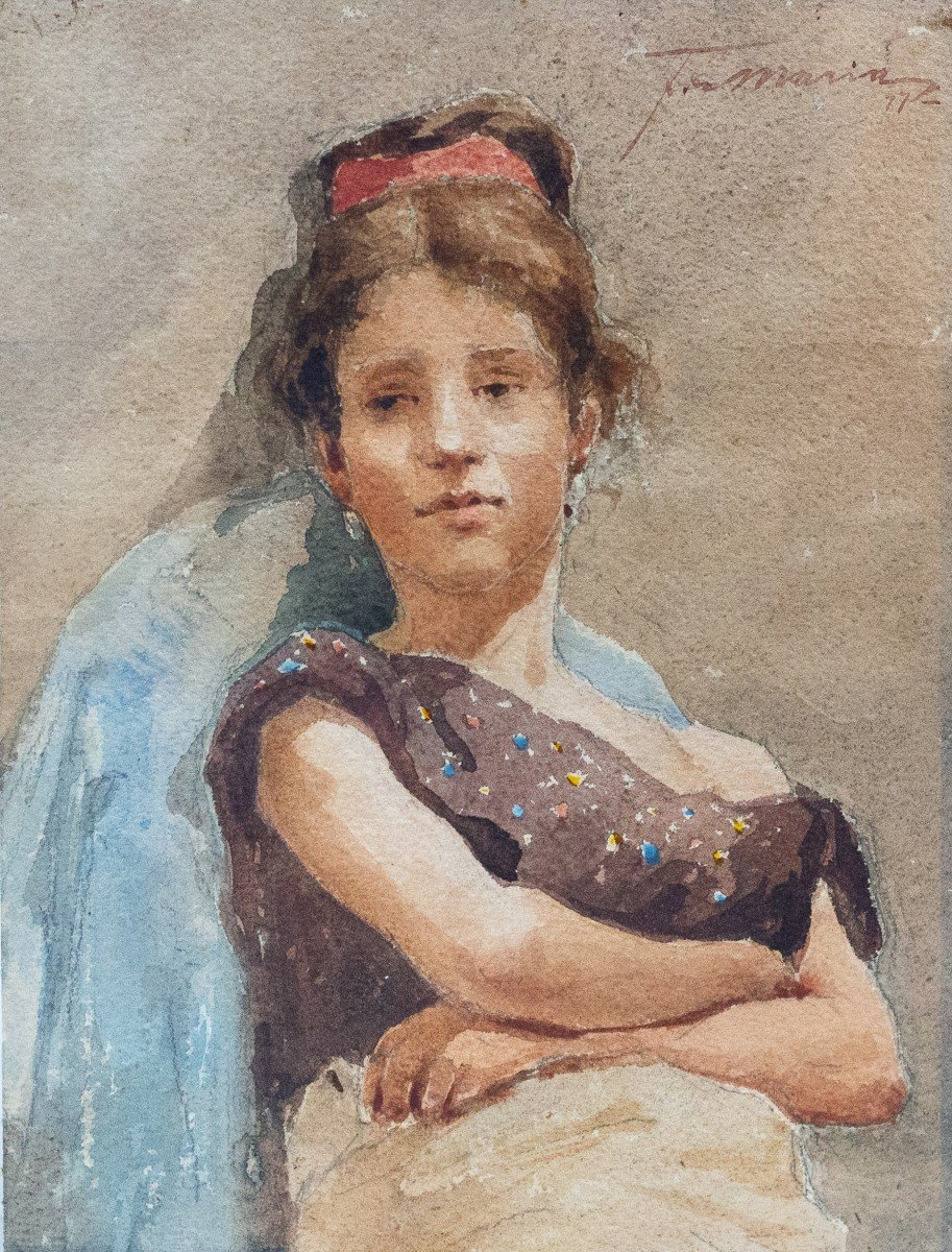 Pair Of Watercolors On Paper, "portraits Of Female Figures, Signed, Late 19th Century Period-photo-3