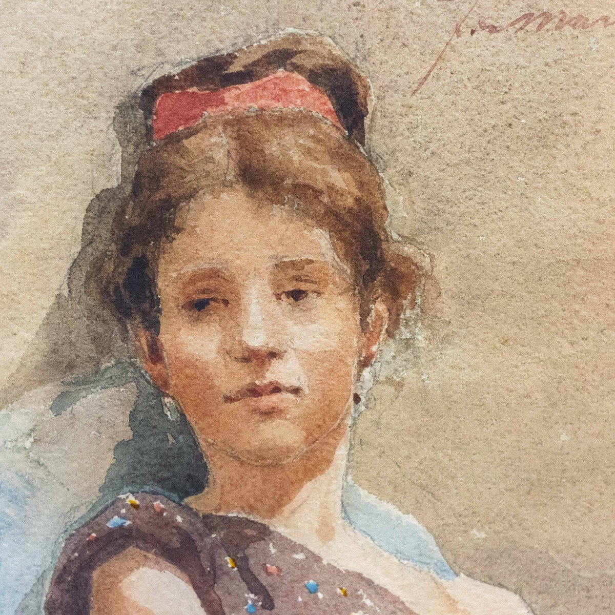 Pair Of Watercolors On Paper, "portraits Of Female Figures, Signed, Late 19th Century Period-photo-1