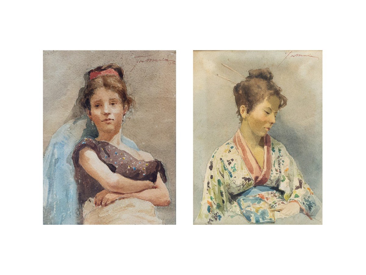 Paire d'aquarelles sur papier, "Portraits de figures féminines", signées, fin du 19e siècle