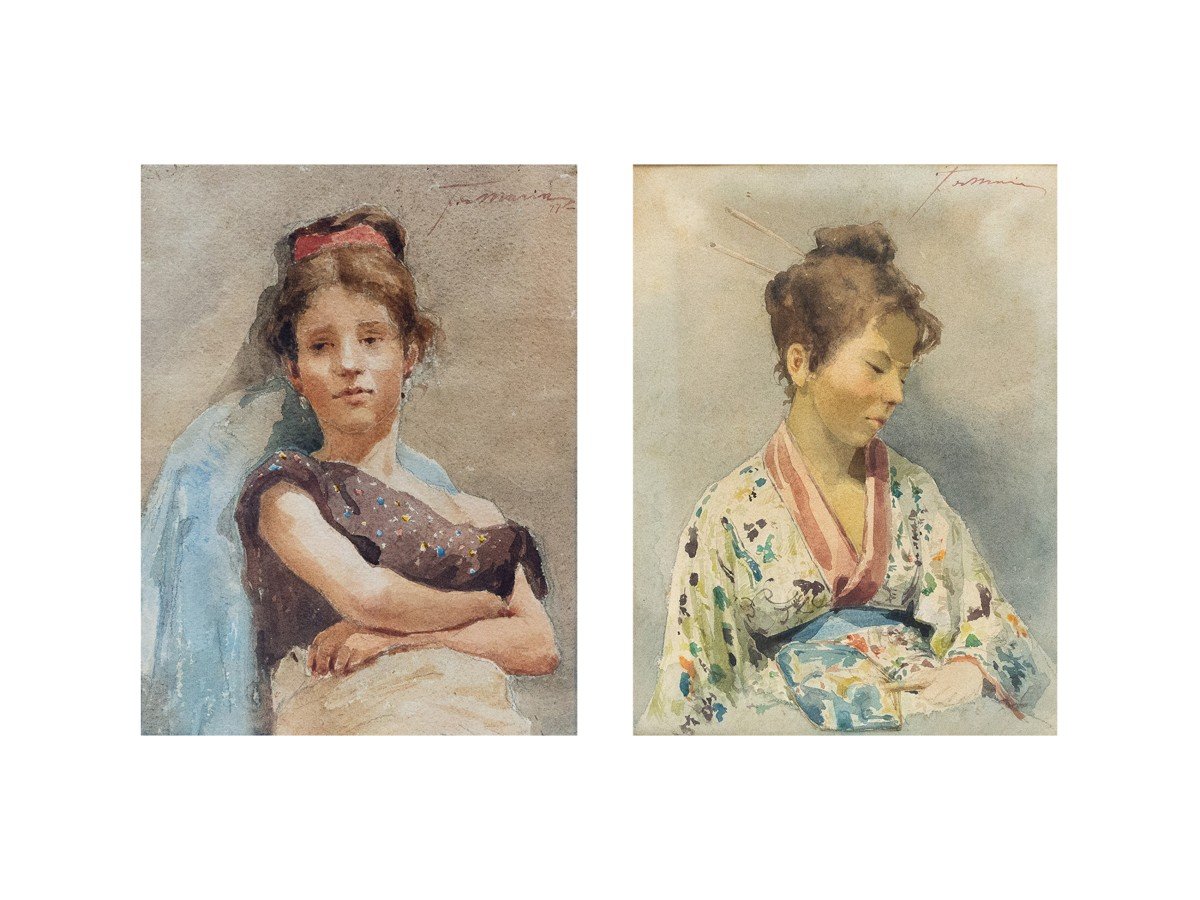 Pair Of Watercolors On Paper, "portraits Of Female Figures, Signed, Late 19th Century Period