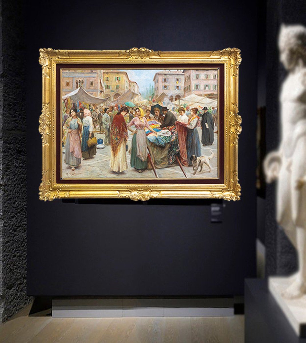 Fabio Fabbi, "florence Market," Oil On Canvas, Early 20th Century Era-photo-4