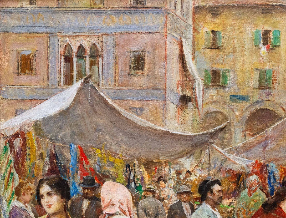 Fabio Fabbi, "florence Market," Oil On Canvas, Early 20th Century Era-photo-8