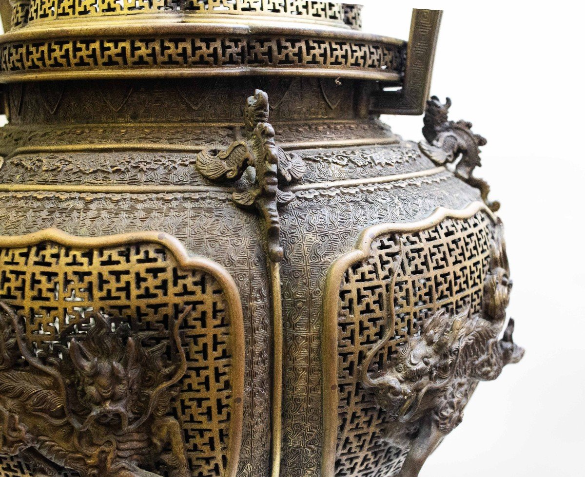 Large Bronze Incense Burner, Origin Asia, 19th Century Era, Marked-photo-4