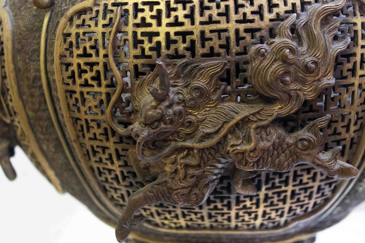 Grand Encensoir En Bronze, Origine Asiatique, 19e Siècle, Poinçonné-photo-7