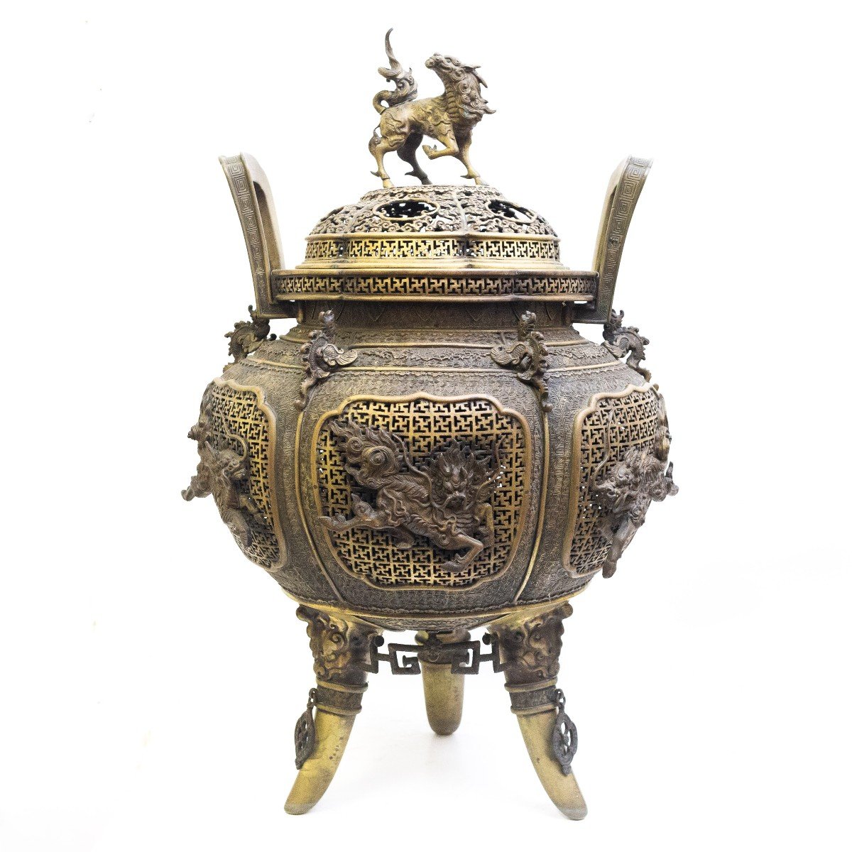 Grand Encensoir En Bronze, Origine Asiatique, 19e Siècle, Poinçonné