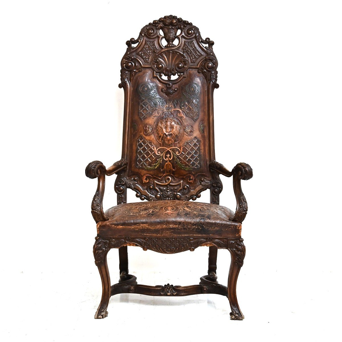 Rare fauteuil/trône en cuir et noyer, Venise, style baroque, 19e siècle-photo-2