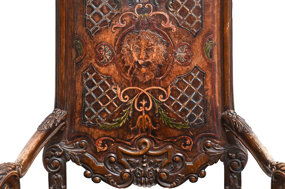Rare fauteuil/trône en cuir et noyer, Venise, style baroque, 19e siècle-photo-3
