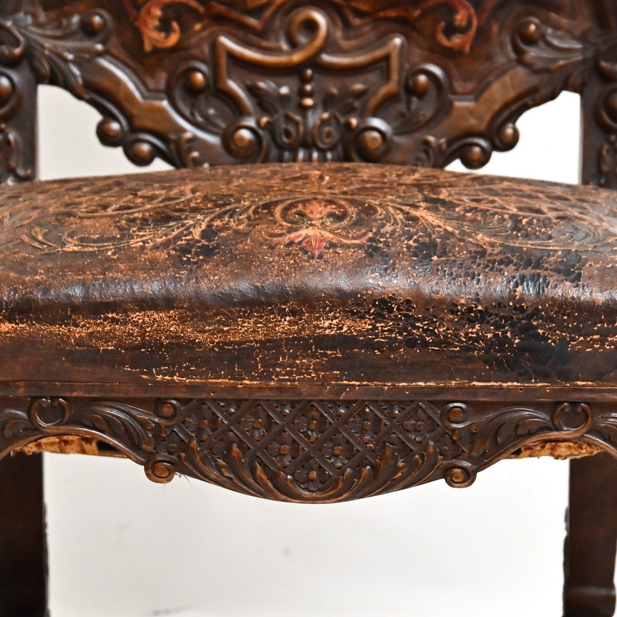 Rare fauteuil/trône en cuir et noyer, Venise, style baroque, 19e siècle-photo-1