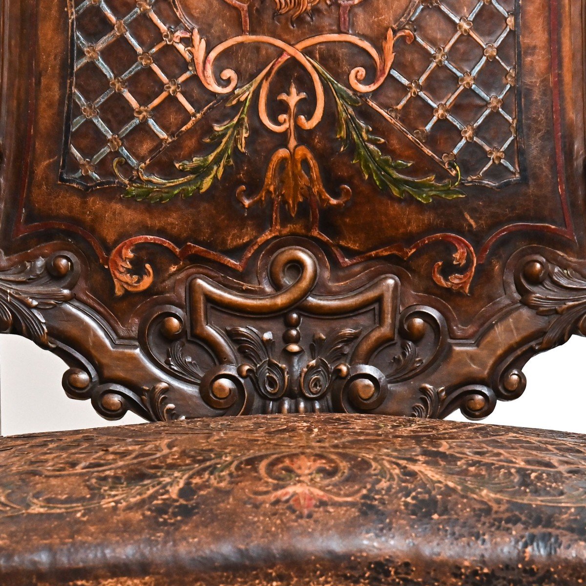 Rare fauteuil/trône en cuir et noyer, Venise, style baroque, 19e siècle-photo-3