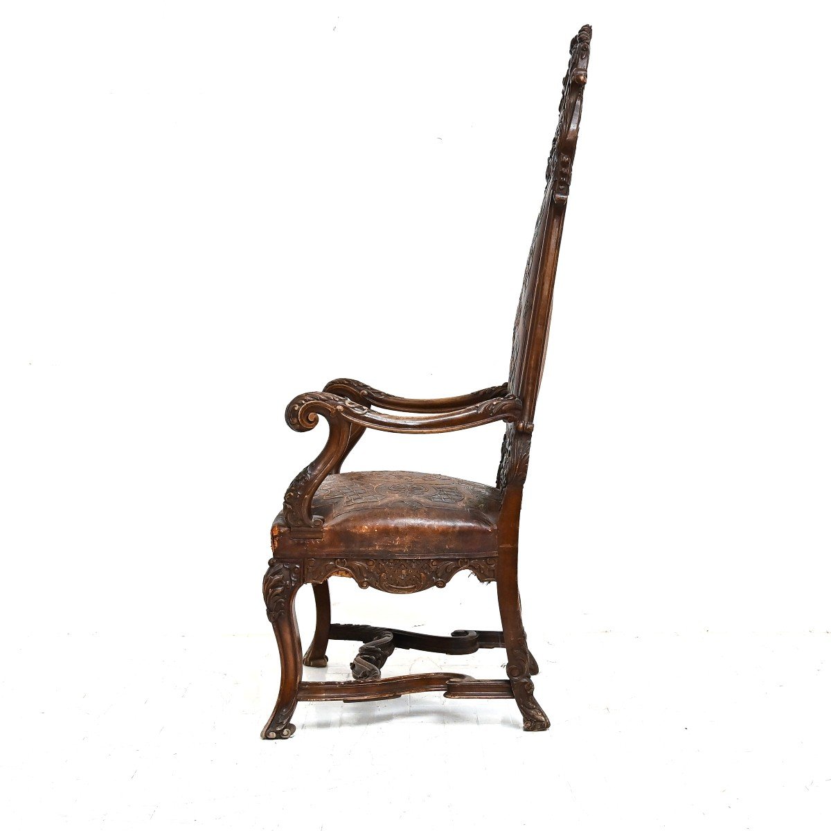 Rare fauteuil/trône en cuir et noyer, Venise, style baroque, 19e siècle-photo-5