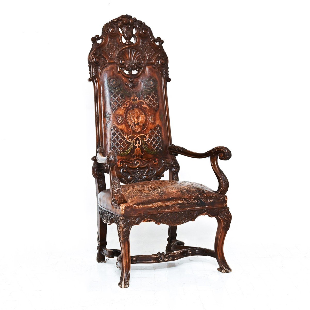 Rare fauteuil/trône en cuir et noyer, Venise, style baroque, 19e siècle