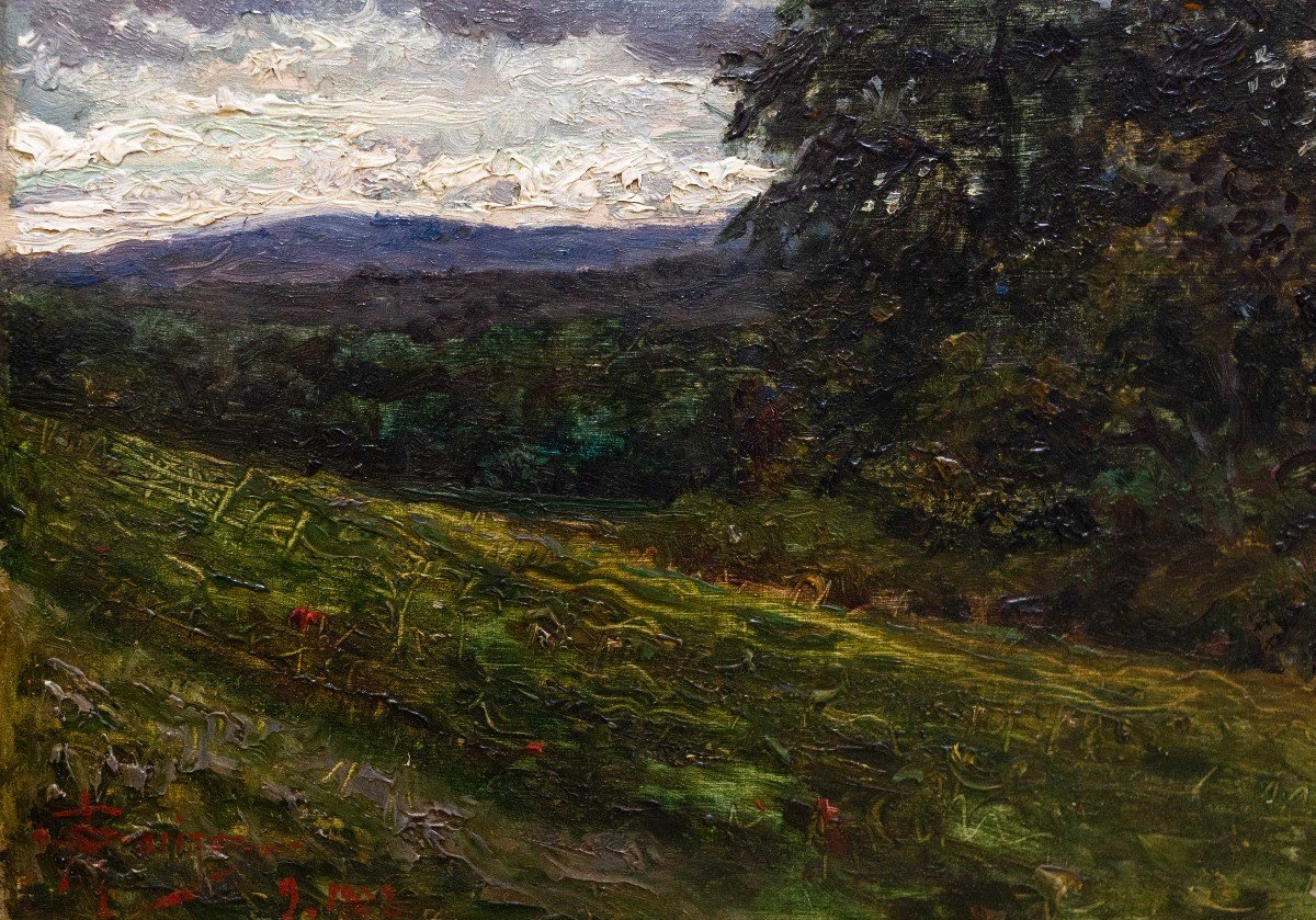 Angelo Garino, Oil On Panel, "temps Gris\ Gray Weather," Signed, 1902-photo-2