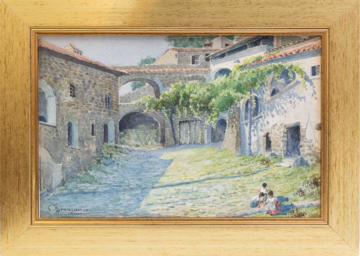 Giovanni Brancaccio, "Jeux d'enfants", signé,Aquarelle sur carton, Epoque 1900-photo-1