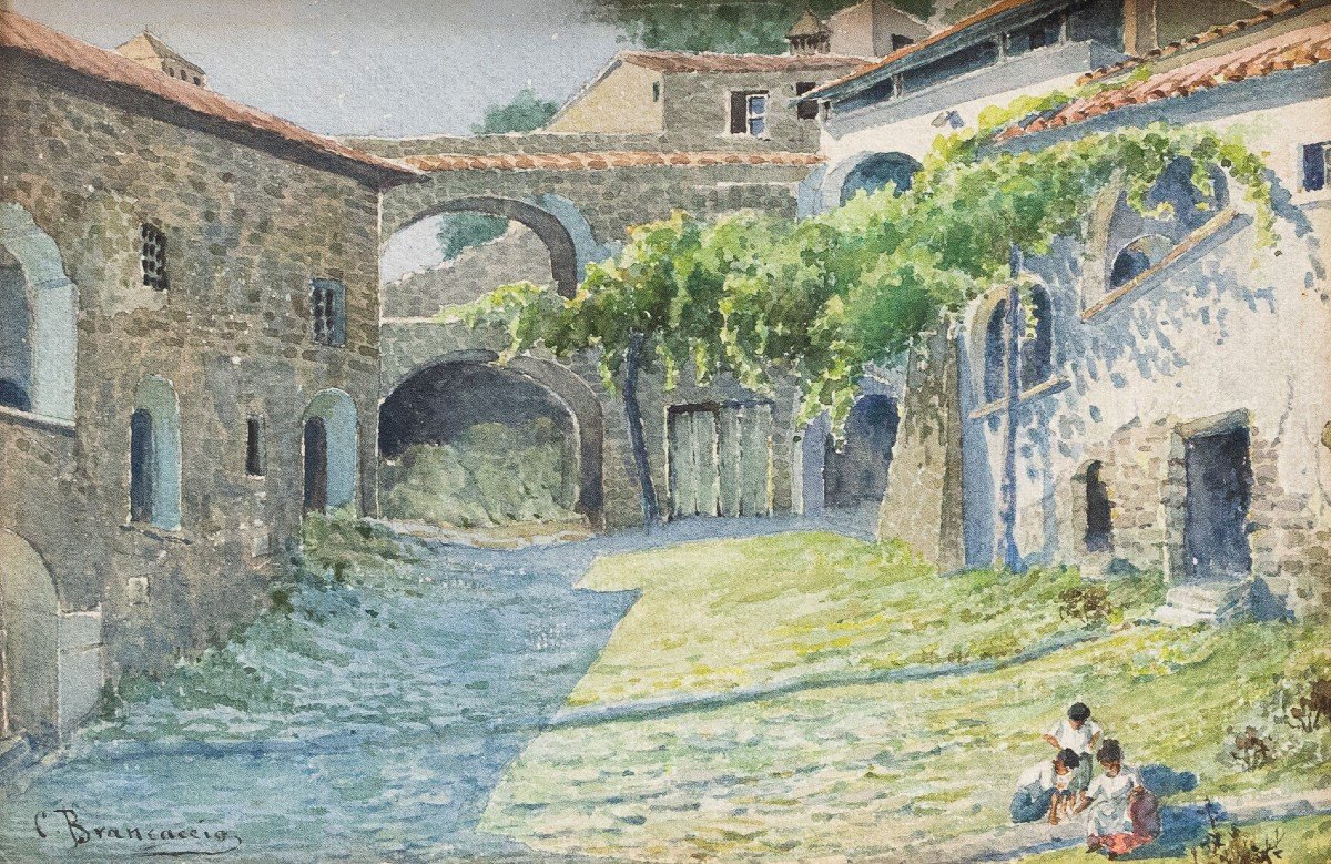 Giovanni Brancaccio, "Jeux d'enfants", signé,Aquarelle sur carton, Epoque 1900