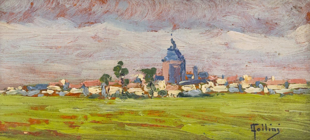 Carlo Follini "Paysage", huile sur carton, signée, Début du 20e siècle