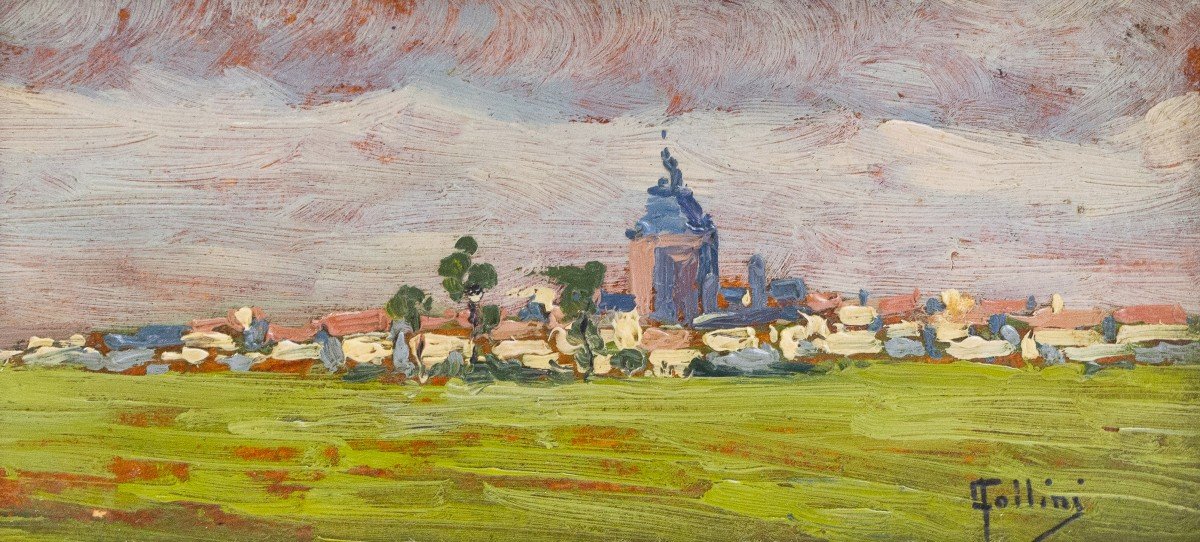 Carlo Follini "landscape," Oil On Cardboard, Signed, Epoch Early 20th Century