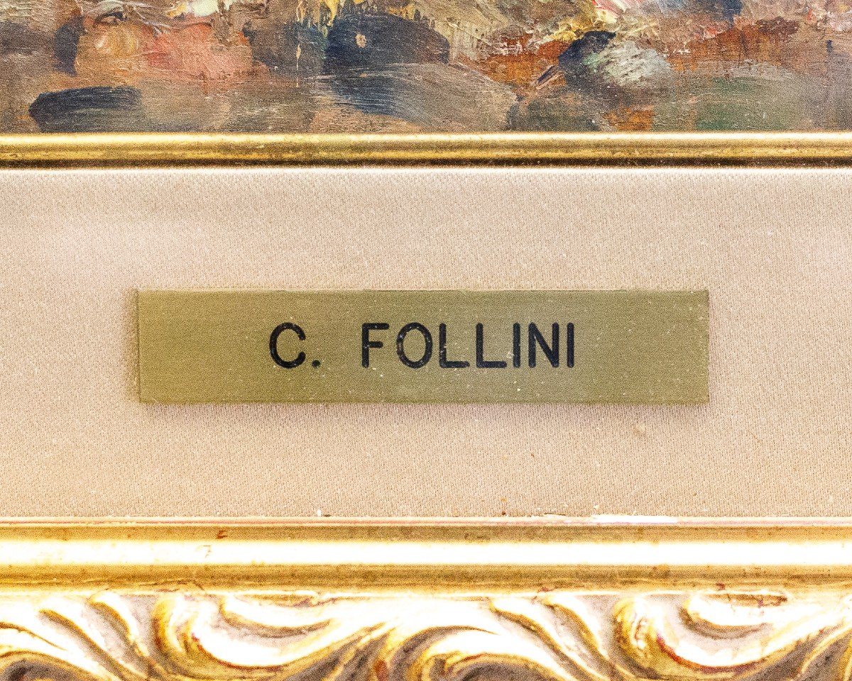 Carlo Follini "Plage à Bordighera", huile sur panneau, signée et datée, 1929-photo-1