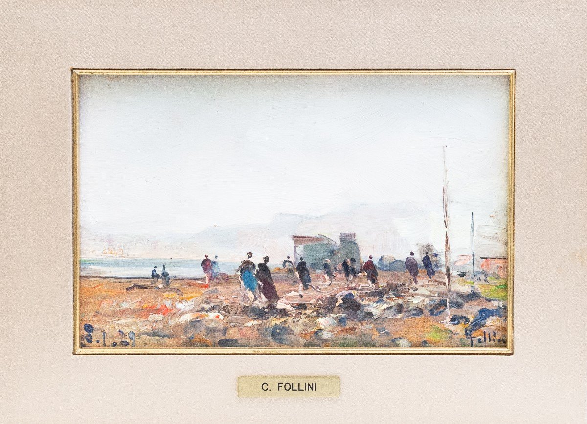 Carlo Follini "Plage à Bordighera", huile sur panneau, signée et datée, 1929-photo-3