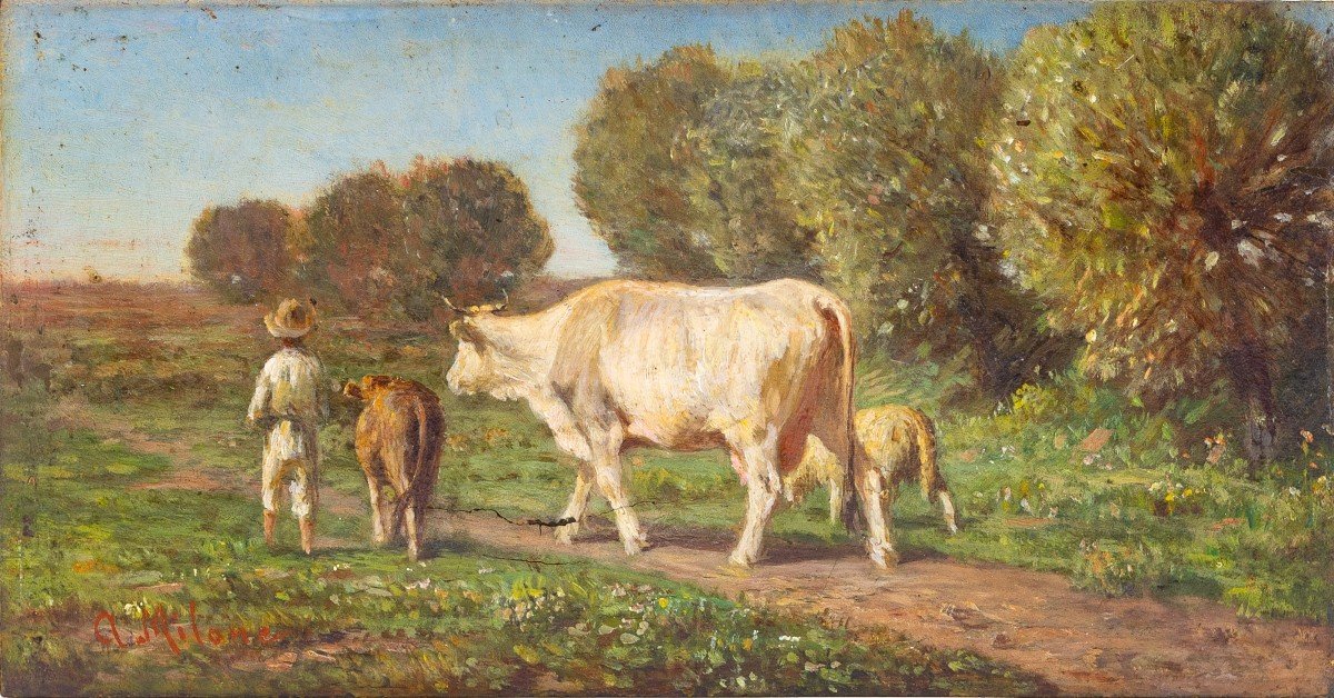 Antonio Milone, "al Pascolo", Huile Sur Panneau, Signée, Milieu Du XIXe Siècle-photo-2
