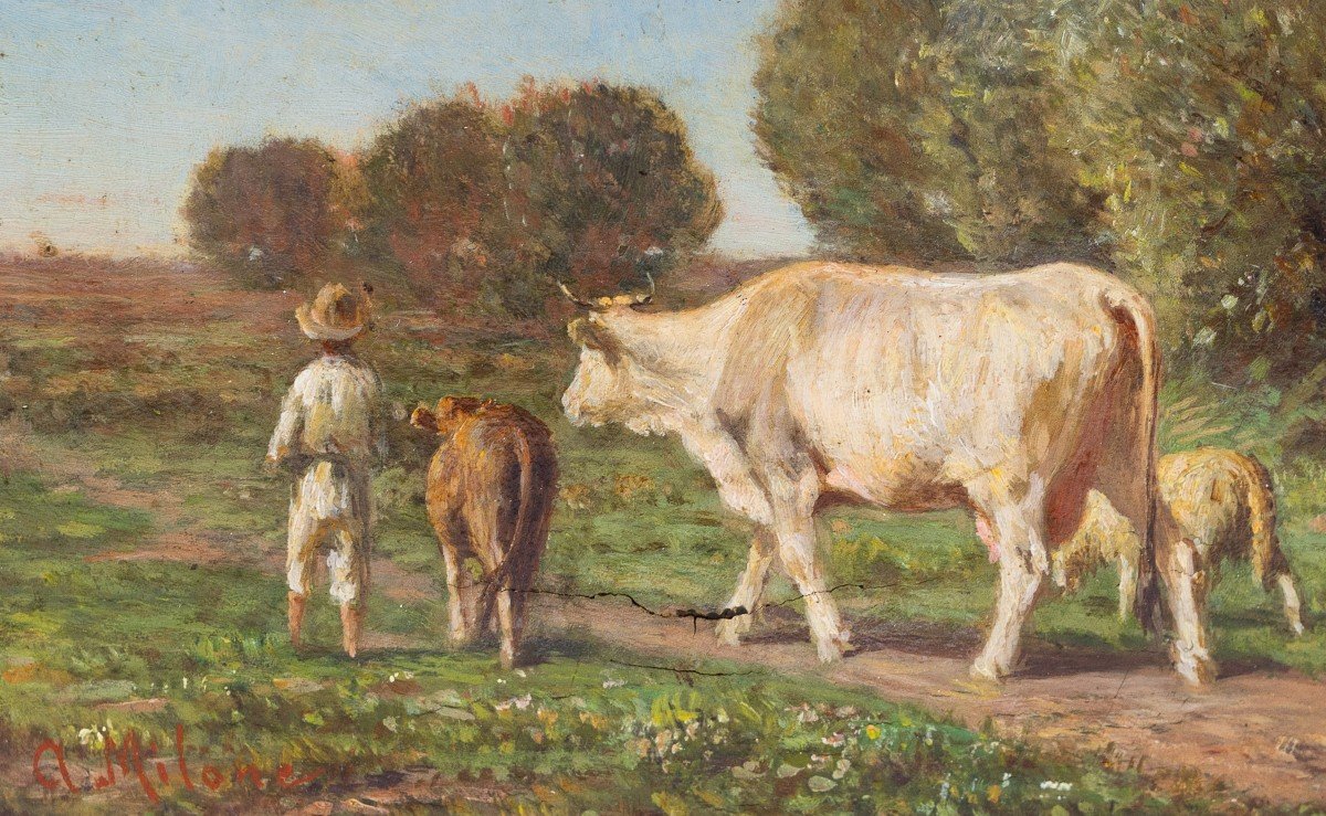 Antonio Milone, "al Pascolo", Huile Sur Panneau, Signée, Milieu Du XIXe Siècle-photo-3