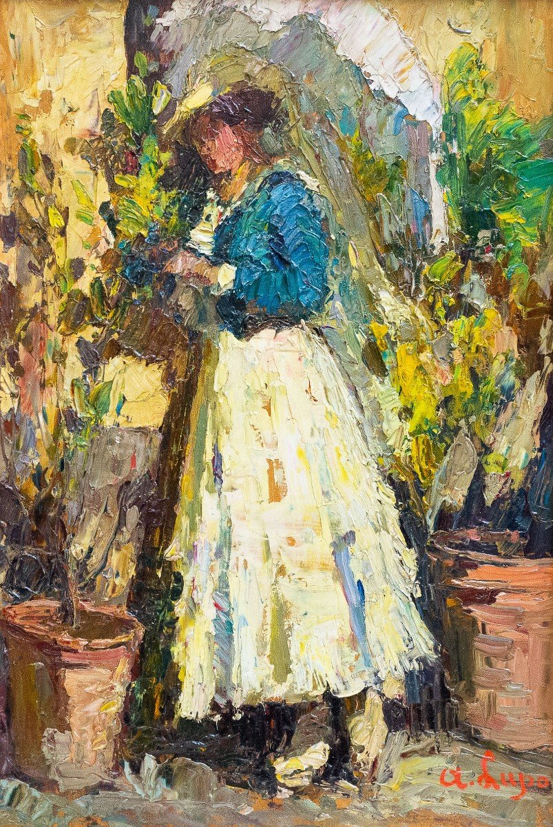 Alessandro Lupo, Oil On Panel Painting, "girl In The Garden," Signed, Early 20th Century
