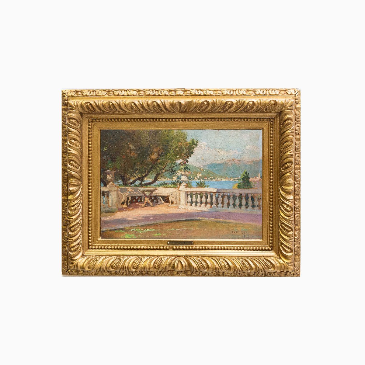 Alberto Rossi, Oil On Panel, "terrace On Lake Maggiore," Signed, 1920-photo-2