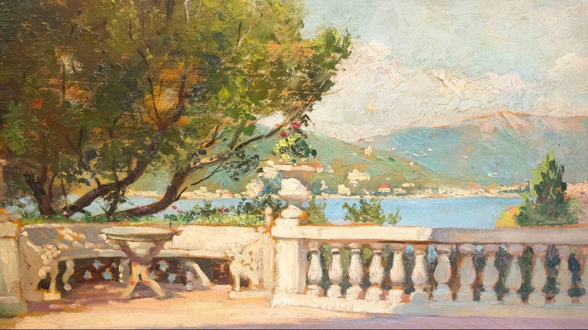 Alberto Rossi, Oil On Panel, "terrace On Lake Maggiore," Signed, 1920-photo-7