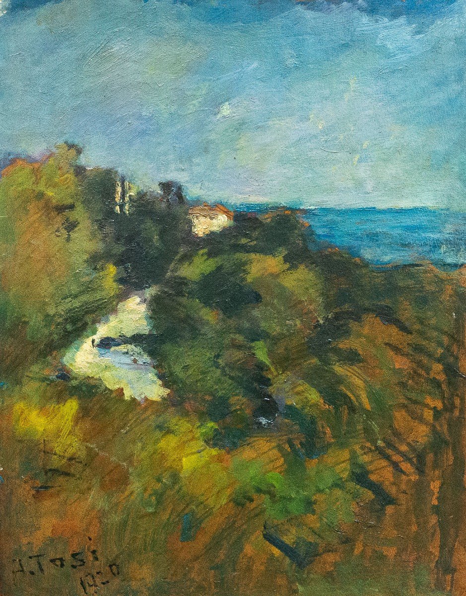 Arturo Tosi, Oil On Cardboard "landscape," Signed, 1920