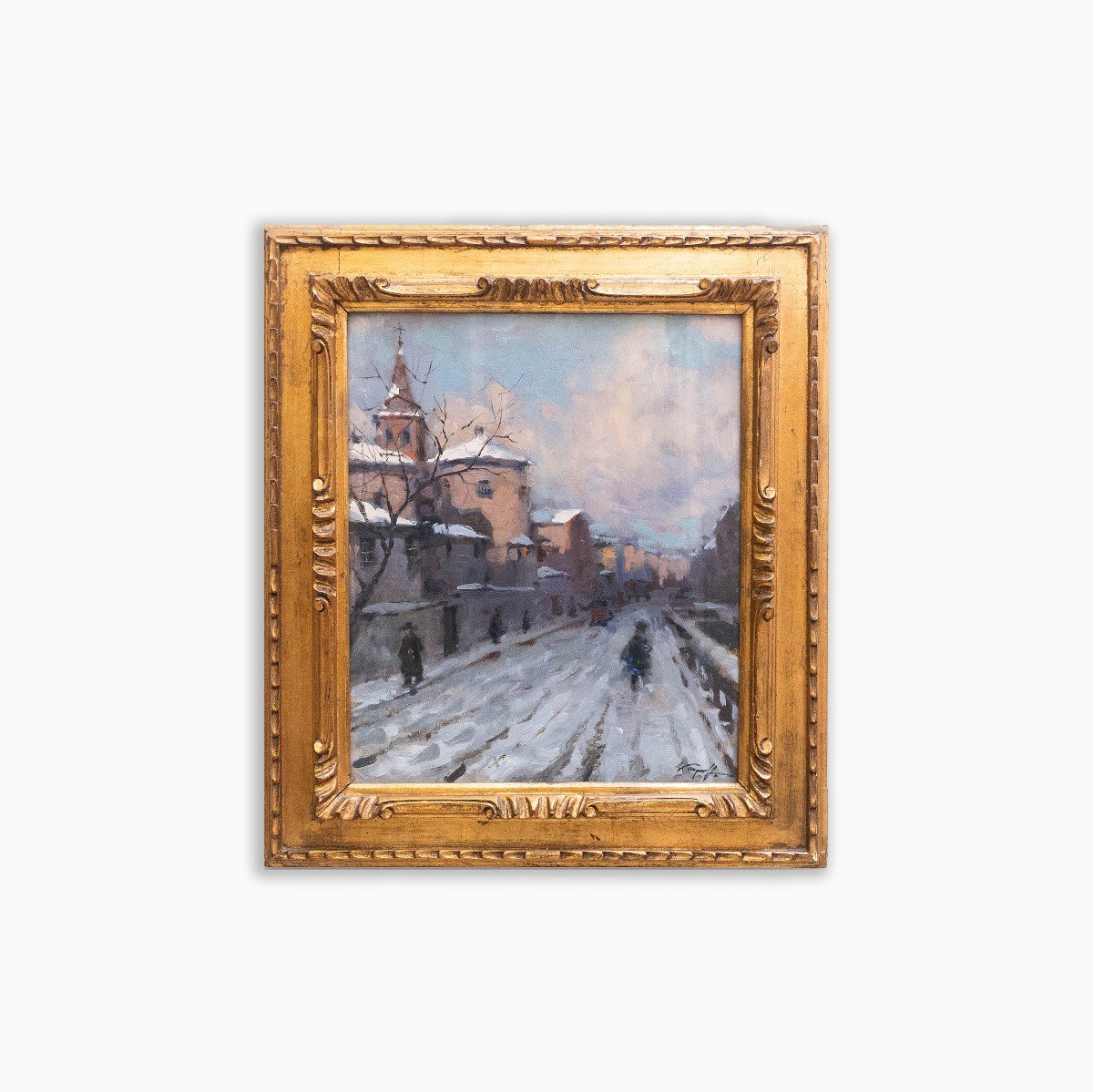 Ivan Karpoff, "Neige en ville", huile sur panneau, signée, époque 20e siècle-photo-2